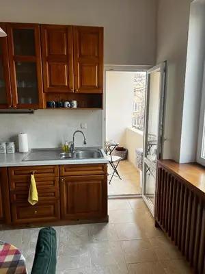 a kitchen with wooden cabinets and a sink and a door at Spacious artsy apartment in Sofia
