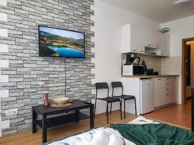 a living room with a tv on a brick wall at Studios in Semiramida Gardens - 8,10,28 in Borovets