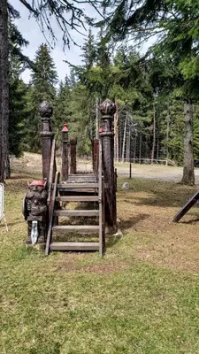 a wooden bridge in a field with trees at Studios in Semiramida Gardens - 8,10,28 in Borovets
