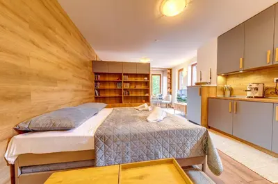 a bedroom with a large bed and a kitchen at Mountain Luxe Studio by Flat Manаger in Pamporovo