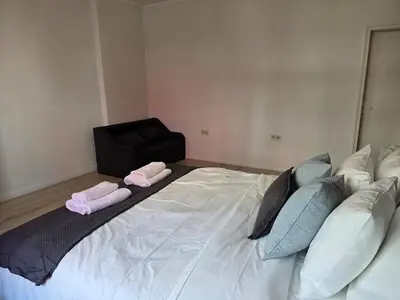 a bedroom with a large bed with two pillows at Modern 100m Apt In Sofia Center Vitosha Blvd in Sofia