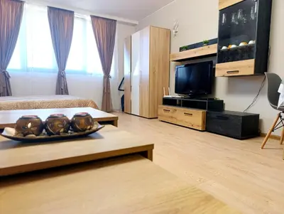 a living room with a bed and a tv at Moderno Studio Park Lane in Bansko