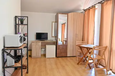 a living room with a table and a television at Charming Studio with Mountain View - Bansko by Flat Mаnаger in Bansko