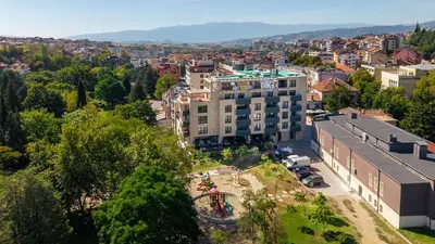 an aerial view of a city with a building at Nik Palas Luxury Residence in Sandanski