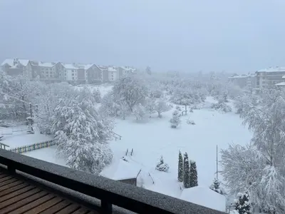 a view of a yard covered in snow at Mountain Escape in Green Life Bansko by SI Stay in Bansko