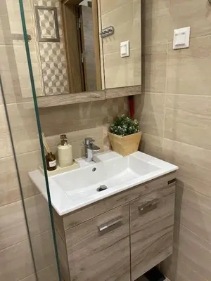 a bathroom with a sink and a mirror at Emlex Stylish Apartment in the Heart of Sofia in Sofia