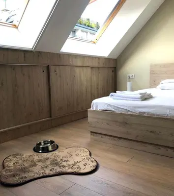a bedroom with a bed and a bowl on the floor at Zlati`s house 1 in Sofia