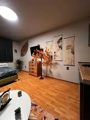 a living room with a couch and a table at Apartment near the ski lift with a private parking in Bansko