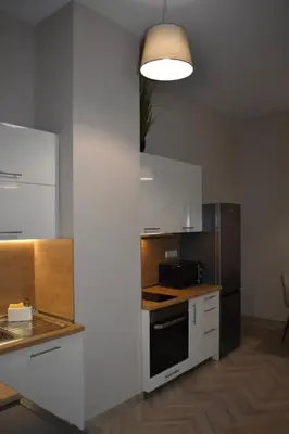 a kitchen with white cabinets and a black refrigerator at The Corner apartments in Sofia