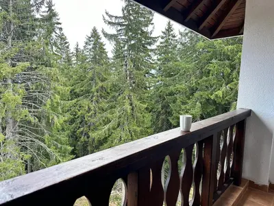 a balcony with a view of the woods at Апартаменты Гранд Ризорт с камином и видом на лес in Pamporovo