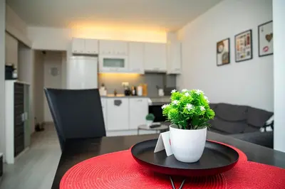 a table with a plate with a potted plant on it at Central Sofia Apartment & FREE Underground Garage in Sofia