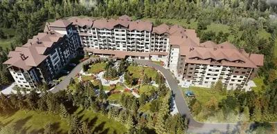 an aerial view of a resort with a large building at Charming Apartment Borovets Gardens D16 in Samokov