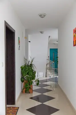 a hallway with a door and a potted plant at Студио 8 Уютна Почивка in Hisarya