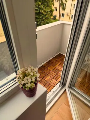 a potted plant sitting on a window sill next to a balcony at Serenity Lodge, close to NDK! in Sofia