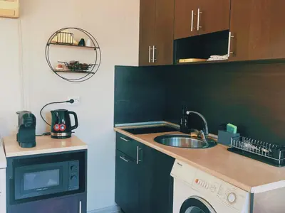 a small kitchen with a sink and a microwave at Lucy in Sandanski