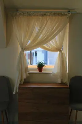 a window with curtains and a potted plant on it at Lucy in Sandanski