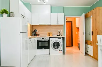a kitchen with white cabinets and a washer and dryer at Armand de Sanelle in Sofia