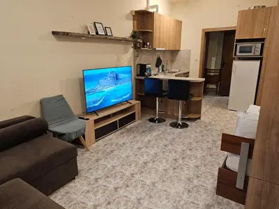 a living room with a television and a kitchen at Bright and Cozy Studio with Garage near the Center in Sofia