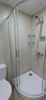 a bathroom with a shower and a toilet at Апартаменти Борови хълмове in Pamporovo