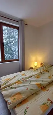 a bed in a bedroom with a window at Апартаменти Борови хълмове in Pamporovo