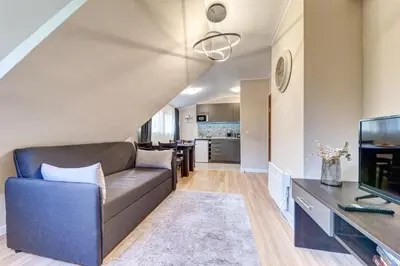 a living room with a couch and a tv at Top floor Ski-In Stay in Pamporovo