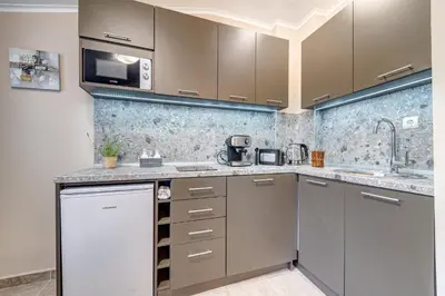 a kitchen with a sink and a microwave at Top floor Ski-In Stay in Pamporovo