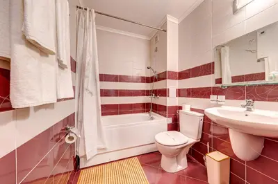 a bathroom with a toilet and a sink and a tub at Ski Slope Getaway at Grand Monastery in Pamporovo