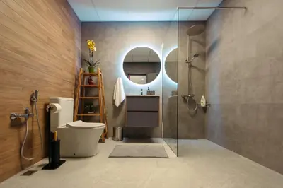 a bathroom with a shower and a toilet and a mirror at Rila Zen Apartment in Samokov