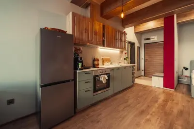 a kitchen with a stainless steel refrigerator and wooden cabinets at Rila Zen Apartment in Samokov