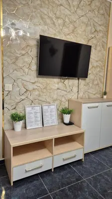 a flat screen tv on a stone wall at Elit Apartment - City and Hill view in Plovdiv
