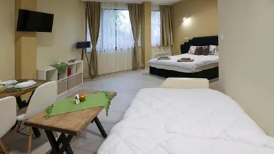 a hotel room with a bed and a table and a desk at Студио Young Gogh in Pamporovo