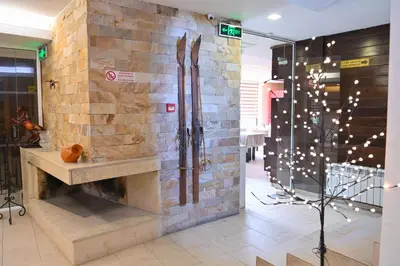 a room with a stone wall with a fireplace at Хотел Елица in Bansko