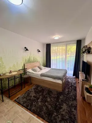 a bedroom with a bed and a table and a television at Flat F6 Bansko Rentals in Bansko