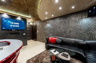 a living room with a black leather couch and a tv at Beni Deluxe 1 in Plovdiv