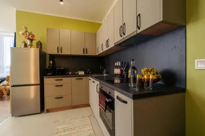 a kitchen with white and green walls and a refrigerator at Rila Sunshine Apartment in Samokov
