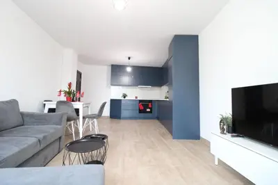 a living room with a couch and a tv and a kitchen at Modern 1BR Apartment Plovdiv City Center Parking in Plovdiv