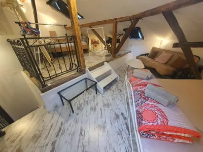 an overhead view of a living room with a bed at Guest House Old City Plovdiv in Plovdiv