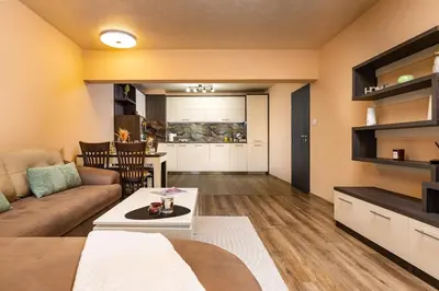 a living room with a couch and a table at Warm and Spacious 1BR Apt - Brownie in Plovdiv