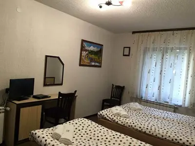 a bedroom with two beds and a desk with a computer at Семеен хотел Гингеръ in Pamporovo