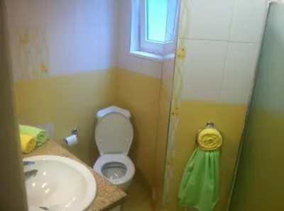 a bathroom with a toilet and a sink and a window at Gogol 2BR Apartment in Sofia