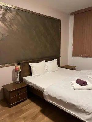 a bedroom with two beds with a large headboard at Heart of Plovdiv - 2 bedrooms, Private garage in Plovdiv