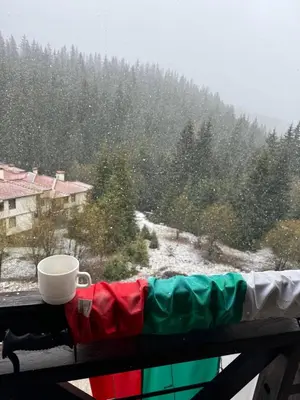 a coffee cup sitting on a window sill with a snow covered mountain at Captain's Apartment in Pamporovo