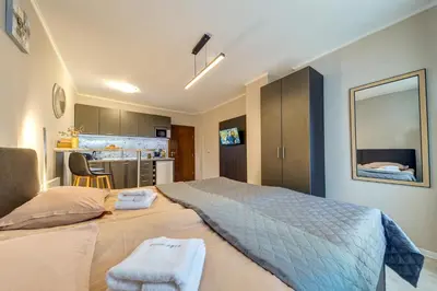 a bedroom with a large bed and a kitchen at Studio in Dream View Resort in Pamporovo