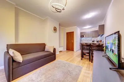 a living room with a couch and a tv and a kitchen at Alpine Escape at Dream View in Pamporovo