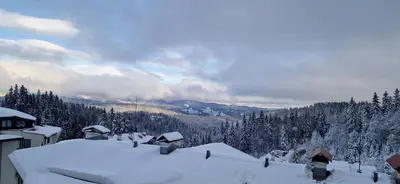 a snow covered mountain with houses and trees at Grand Monastery 3 Apartment 10 in Pamporovo