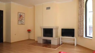 a living room with a fireplace and a tv at Elit Pamporovo Apartments in Pamporovo