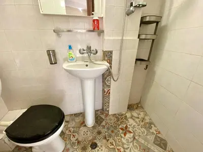 a bathroom with a toilet and a sink at Small Bijou on the rooftop in Sofia