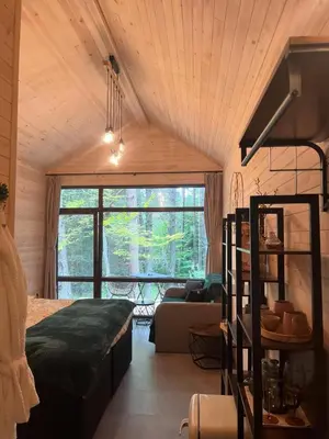 a bedroom with a bed and a couch in a room at Zarevo Glamping Forest Houses in Skobelevo