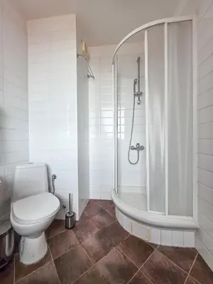 a white bathroom with a toilet and a shower at EDEL View! 1BR Ap with Top Mountain View in Bansko in Bansko