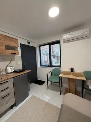 a living room with a kitchen and a table and chairs at Botev MiniHub Hub 1 Modern Studio at Botev 88 in Sofia